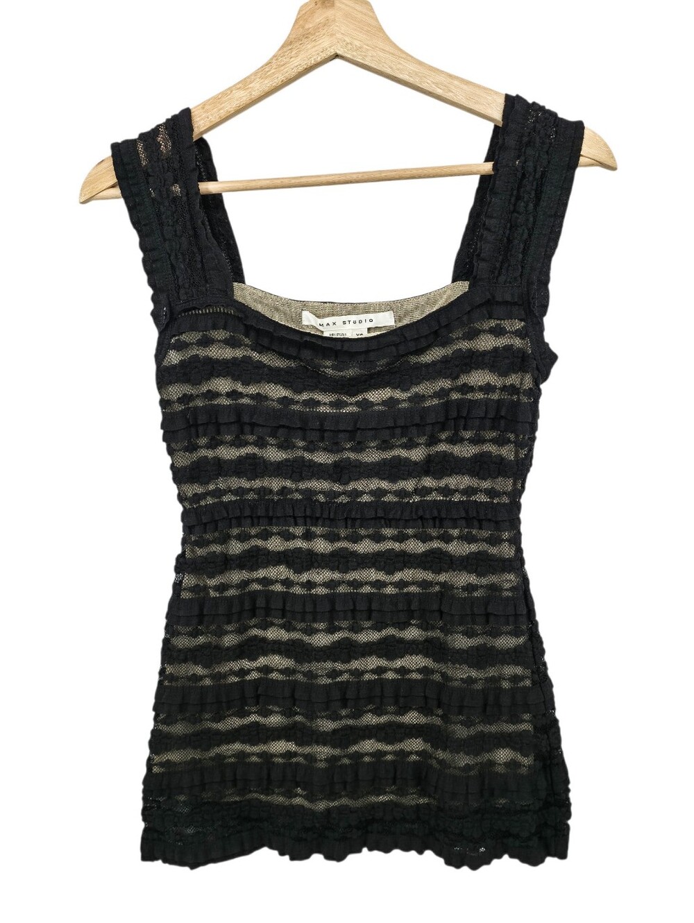 Vintage Max Studio Black Ruffle Lace Tank Top XS Textured Balletcore Coquette